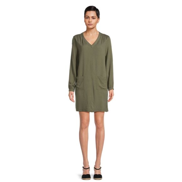 Time and Tru Green V Neck Mini Shift Dress Long Sleeves w/Pockets Size Large - Picture 3 of 10